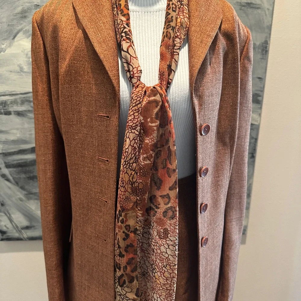 Le Suit Rust Brown Blazer and Skirt Set with Patterned Scarf (new) Size 14 - Picture 3 of 11